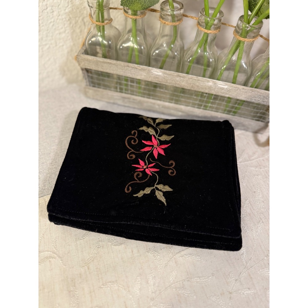 Lauer Black Velvet Dress Scarf Floral Embroidered Evening Wrap 54x9